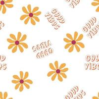Love heart, daisies, waves of positivity retro 70s seamless pattern. Yellow, orange, red scattered heart shapes on a swirling background vector