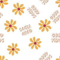 Love heart, daisies, waves of positivity retro 70s seamless pattern. Yellow, orange, red scattered heart shapes on a swirling background vector