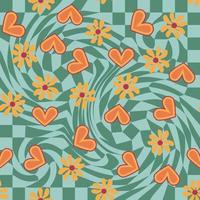 Love heart, daisies, waves of positivity retro 70s seamless pattern. Yellow, orange, red scattered heart shapes on a swirling background vector