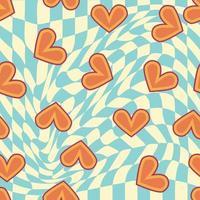 Love heart, daisies, waves of positivity retro 70s seamless pattern. Yellow, orange, red scattered heart shapes on a swirling background vector