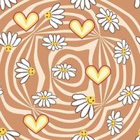 Retro Smile Chamomile Seamless Pattern on 1970 Wavy Swirl Seamless Pattern. Hippie Aesthetic. vector