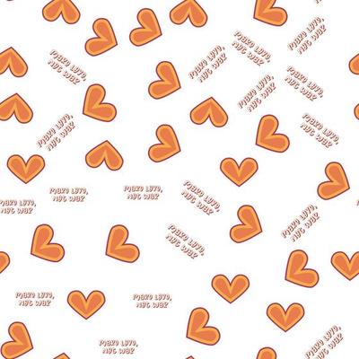 Love heart, daisies, waves of positivity retro 70s seamless pattern. Yellow, orange, red scattered heart shapes on a swirling background