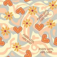 Love heart, daisies, waves of positivity retro 70s seamless pattern. Yellow, orange, red scattered heart shapes on a swirling background vector