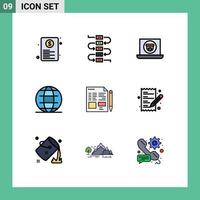 Mobile Interface Filledline Flat Color Set of 9 Pictograms of text world multimedia security globe Editable Vector Design Elements