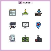 Mobile Interface Filledline Flat Color Set of 9 Pictograms of monitor typing cashier programming hands Editable Vector Design Elements