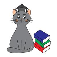 Sad cat student with a stack of books. Hello school. Children's illustration in the style of a doodle. Vector graphics