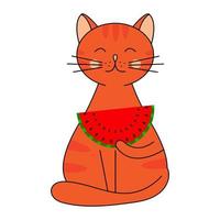 A cute cat eating watermelon. Summer children's illustration. Vector graphics