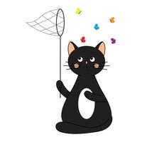 Cute cat catches butterflies. Children's illustration in the style of a doodle. Vector graphics on white background