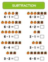 Subtraction.  Math worksheet for kids. Developing numeracy skills. Solve examples and write. Mathematics. Vector illustration.Educational math children game. Subtraction for kids