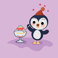 lindo pingüino come helado con taza de helado vector