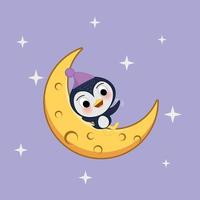 pequeño pingüino lindo en la luna con estrellas vector