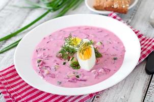 Cold beet soup on yogurt with egg, radishes and cucumbers photo
