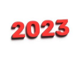 Red inscription 2023 on a white background. Happy new year concept. 3D rendering. photo