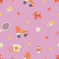 Seamless pattern with cute retro elements. Roller Skates, tennis racquet, retro phone, coffee and etc. Hand drawn vector illustration