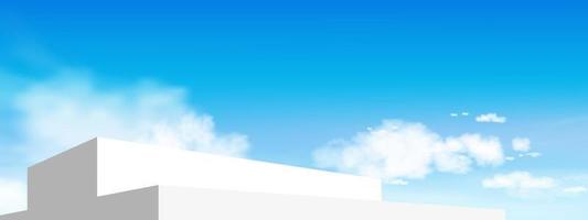 Paso de podio de pantalla 3d con fondo geométrico en el cielo azul, forma de arquitectura moderna mínima, maqueta de escalera de escaparate de construcción vectorial en la nube de verano, primavera de escena de diseño, anuncio de verano vector