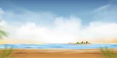 cielo matutino en la playa con luz naranja y cielo azul en el océano tropical en la isla, playa panorámica con palmeras de coco y amanecer, hermosa naturaleza vectorial de arena de playa junto al mar vector