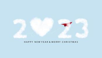 Happy new year number 2023 with heart Clouds, Red Paper Airplane flying up to Sky,Vector illustration text 2023 on blue background for Calendar, Banner design for New Year Year or Christmas Holiday vector