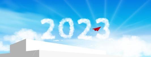 Paso de podio de pantalla 3d, dirección de vuelo del avión de papel rojo a la nube de 2023 en el fondo del cielo azul, nuevos logros de ideas creativas vectoriales, concepto financiero de liderazgo para el inicio de negocios vector