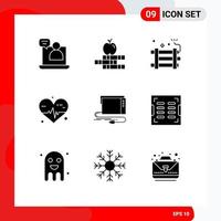 Pack of 9 Modern Solid Glyphs Signs and Symbols for Web Print Media such as external audio dynamite medical heart Editable Vector Design Elements