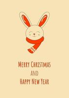 Cute Smiling Christmas Bunny Wearing a Scarf Merry Christmas and Happy New Year Greeting Card or Background in Retro Style vector