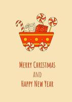 Red Wagon with Gifts and Sweets Merry Christmas and Happy New Year Greeting Card or Background in Retro Style vector