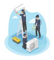 air conditioner home services icon concept process worker help to  install at customer house isometric vector