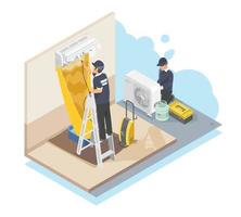 air conditioner cleaning and maintenance home services worker fixing at customer house isometric isolated symbols vector