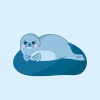 ilustración vectorial con una linda foca marina en un guijarro, una foca marina, divertidos animales marinos al estilo de las caricaturas. ilustración infantil para postales, carteles, pijamas, telas vector
