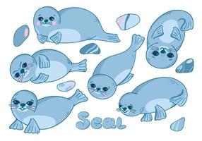 Vector set with cute sea seals, fur seals, funny sea animals in cartoon style. Children's illustration for postcards, posters, pajamas, fabrics, clothes, stickers.