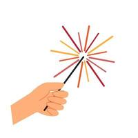 A human hand holds a sparkler. The concept of New Year holidays and holidays. Vector illustration in flat style.