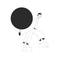 Tired exhausted man carries a heavy stone on his back. Concept of responsibility and hard life. Vector illustration in outline style