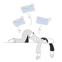 un hombre cansado de los mensajes de spam yace sobre una almohada. el concepto de publicidad molesta. un descanso de la vida social. ilustración vectorial en estilo plano vector