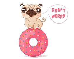 pug y donut en estilo kawaii vector