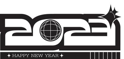 Diseño de texto de logotipo de feliz año nuevo 2023. símbolos y2k. ilustración vectorial con etiquetas negras aisladas sobre fondo blanco. vector