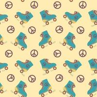 Seamless pattern with colorful roller skate and symbol peace on beige background in retro colors. vector