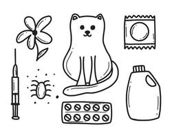 Collection of allergens. Allergy to cats, flowers, drugs, dust.Vector illustration. Doodle style. vector