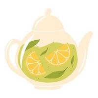 Teapot with green tea and lemon. Herbal tea in a glass teapot. Vector illustration. Isolated illustration on a white background. Flat style.