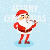 Happy man wearing in Santa Claus clothes with candy cane on snow background Merry Christmas concept. Vector illustration in flat cartoon style