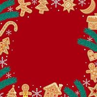 Red Christmas gingerbread background. Xmas design with winter cookies, fir branches, snowflakes and snow. Empty space for your text. Template for cards, banner, poster. vector