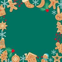 Green christmas gingerbread background. Xmas design with winter cookies, holly berries, snowflakes. Empty space for your text. Template for cards, banner, poster. vector