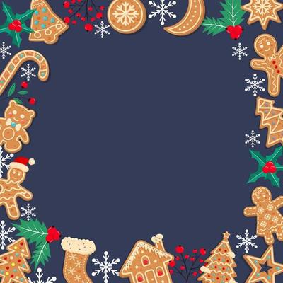 Dark blue Christmas gingerbread background. Xmas design with winter cookies, holly berries, snowflakes. Empty space for your text. Template for cards, banner, poster.