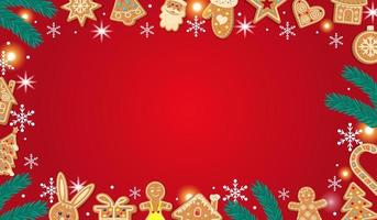 Horizontal red Christmas gingerbread background. Xmas design with winter cookies, fir branches, snowflakes, snow and lights. Empty space for your text. Template for cards, banner, poster, invitation. vector