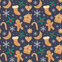 patrón sin costuras con panes de jengibre navideños, copos de nieve y acebo. galletas caseras de navidad en forma de hombre de pan de jengibre, casa, bastón de caramelo, calcetín, luna y corazón sobre fondo azul oscuro. vector
