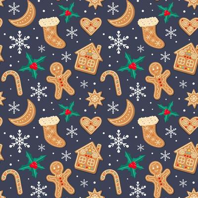 Seamless pattern with Christmas gingerbreads, snowflakes and holly. Xmas homemade biscuits in shape of gingerbread man, house, candy cane, sock, moon and heart on dark blue background.