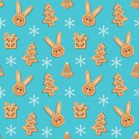 Seamless pattern with Christmas gingerbread rabbit, fir tree, bell, gift box and snowflakes. Xmas homemade biscuits on blue background. vector