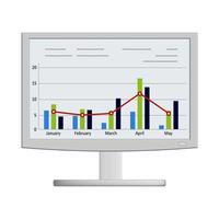 Monitor with graphs and charts on the screen isolated on white. Front view. Vector EPS10.