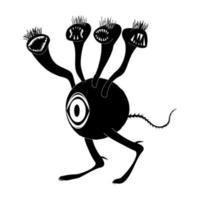 A concept of an alien creature with one big eye and many toothy heads. Critter walks on two legs. Silhouette image. Isolated vector on a white background.