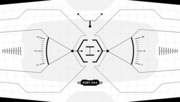 Pantalla ciberpunk de interfaz futurista digital vr hud. objetivo de visualización frontal de tecnología virtual de ciencia ficción. panel de tablero de la cabina de la nave espacial en blanco y negro gui ui. visor fui visor de alta tecnología. vector