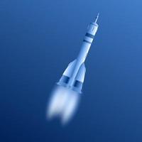 A long spaceship with flames from engines flies on blue background. Flying rocket. Blue tinted. Vector illustration.