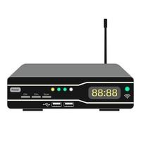 Wireless tv control device isolated on white. Satellite receiver with display and antenna. A dark case with USB ports and control buttons. Vector EPS 10.